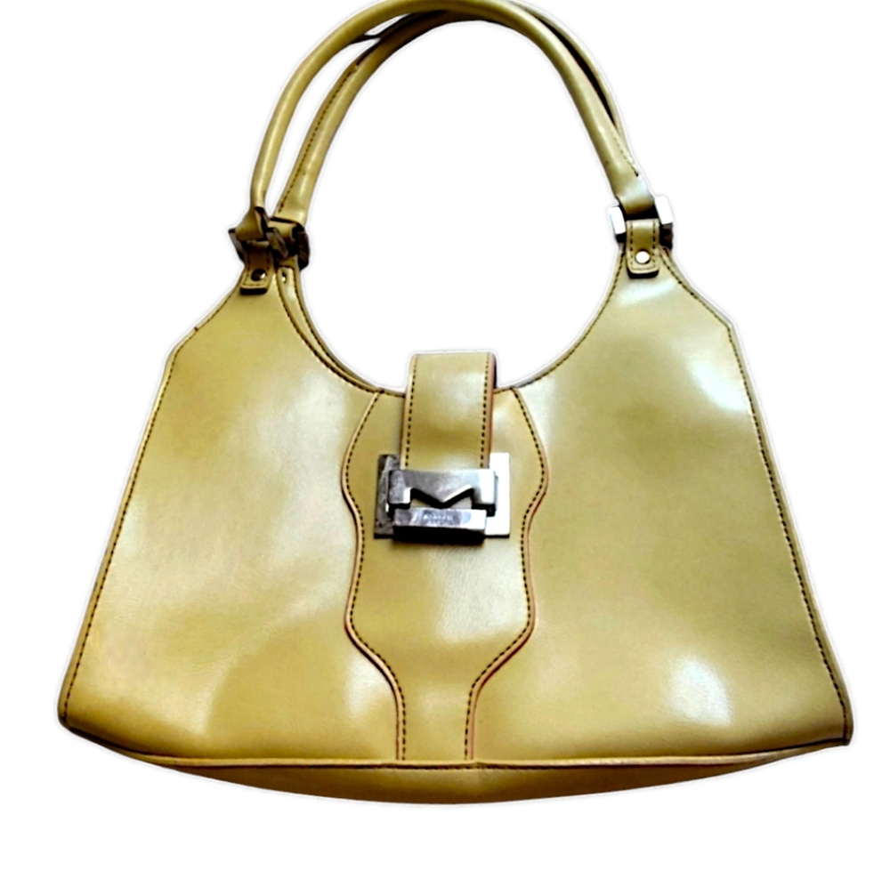 Mondani New York Yellow leather bag with pink trim.